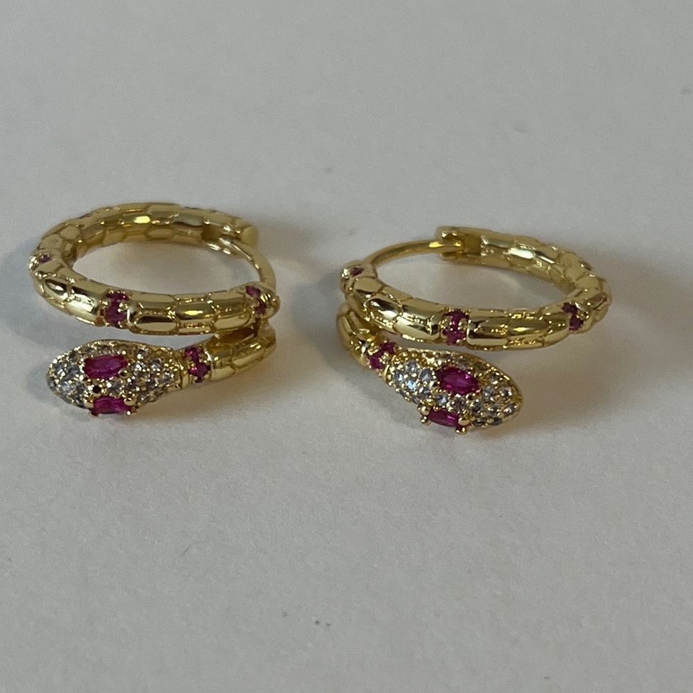 206 Gold Tone Snake Hoop Earrings |Crystal Huggies | Statement Style